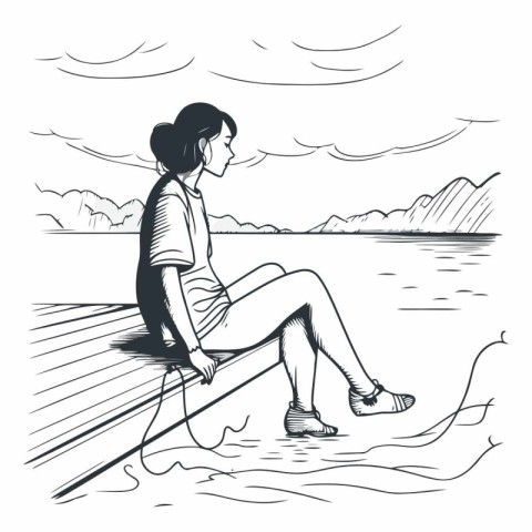 Young woman sitting on a pier and looking at the sea.