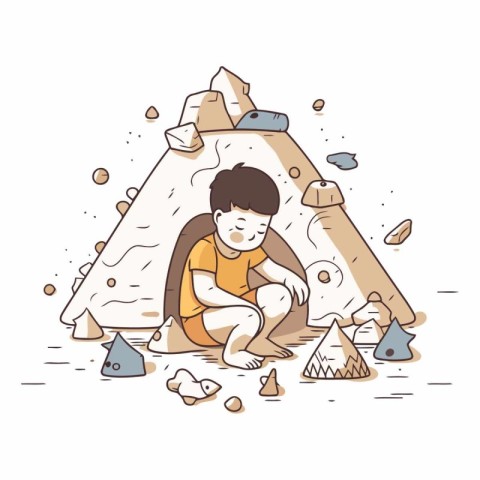 Cartoon illustration of a boy playing in a cave with rocks.