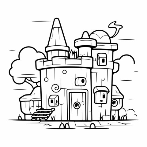 Cartoon castle. Black and white vector illustration for coloring