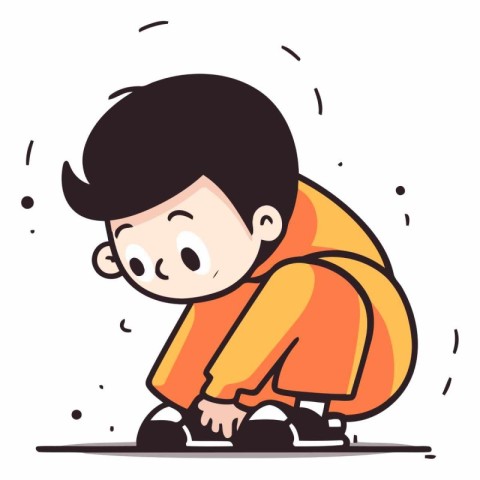 Cute little boy in orange raincoat sitting on the ground