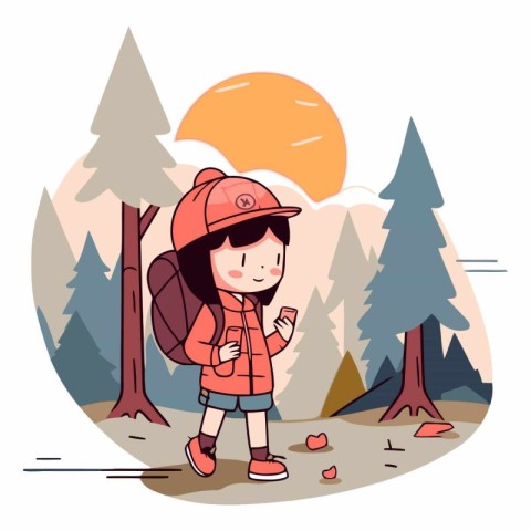 Cute little girl with backpack hiking in the forest