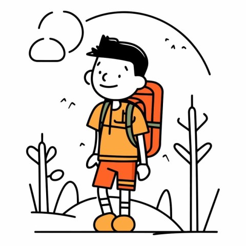 Vector illustration of a boy with backpack in the park. Flat des