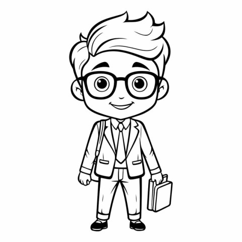 Boy with glasses and a briefcase. black and white vector illustr