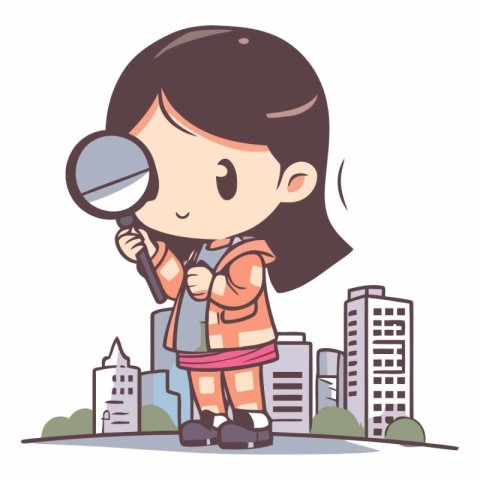 Girl looking through a magnifying glass in the city.