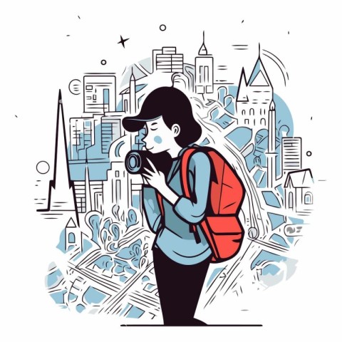 Vector illustration of a tourist woman with a camera on the back