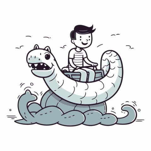 Cute little boy riding on a giant snake.