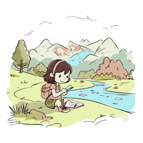 Illustration of a girl drawing a mountain landscape with a river