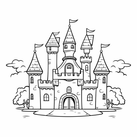 Fairytale castle. Black and white vector illustration for colori