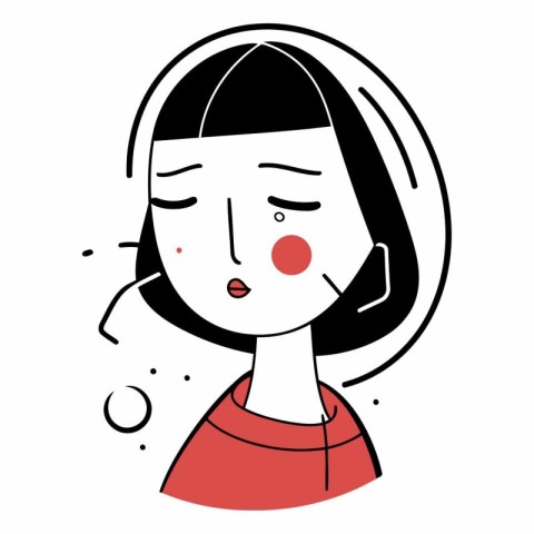 Illustration of a woman in a red shirt with a headache.