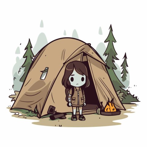 Cute little girl in a tent in the forest.