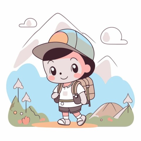 Cute little boy with backpack hiking in mountains.