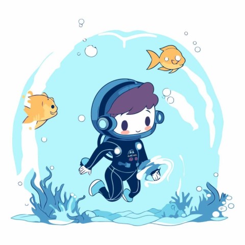 Cute boy diving in the sea on white background.