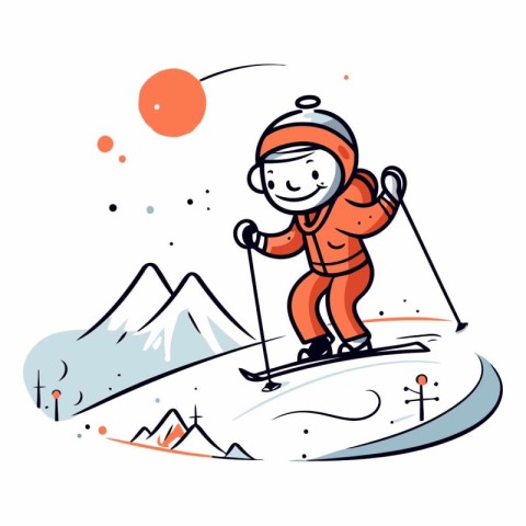 Vector illustration of a boy skiing in the mountains. Cartoon st