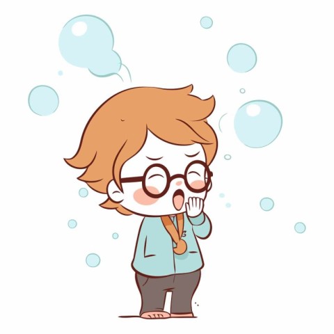 Little boy in glasses blowing soap bubbles. Vector cartoon chara