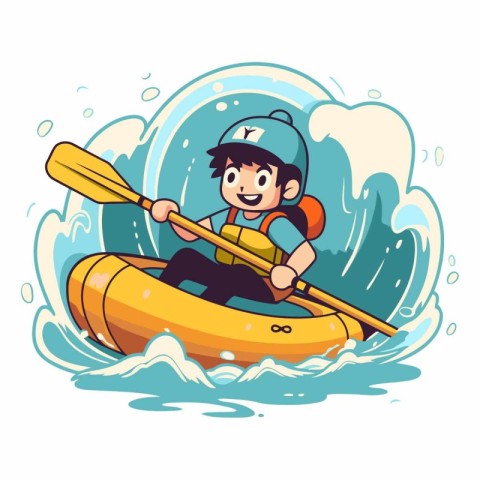 Cute boy kayaking in the sea. Cartoon vector illustration.