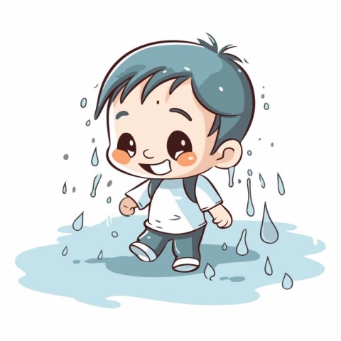 Cute little boy running in the rain. Vector cartoon illustration