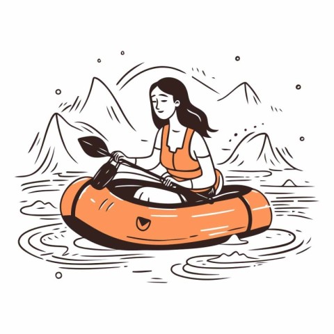 Vector illustration of a girl paddling in an orange kayak.