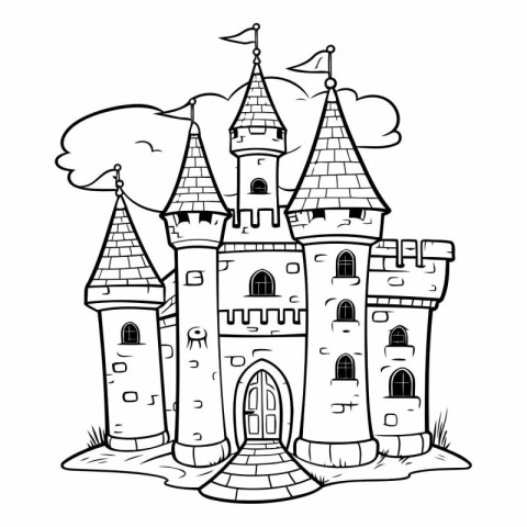 Black and White Cartoon Illustration of Fairy Tale Castle for Co