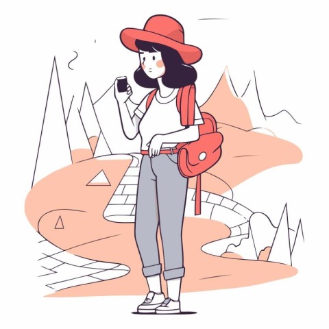 Vector illustration of a girl in a hat with a backpack in the mo