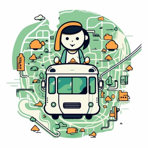 Vector illustration of a girl riding a bus on a city map.