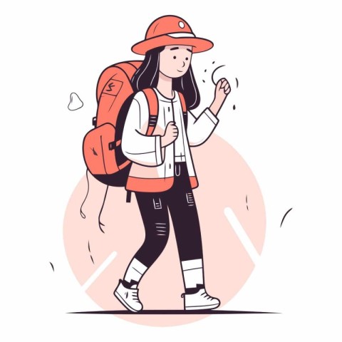 Vector illustration of a girl in a red cap with a backpack.