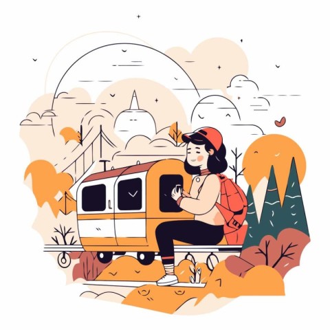 Vector illustration of a girl traveling by train in the autumn p