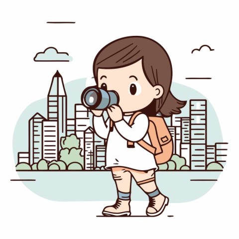 Little girl with a camera on the city background.