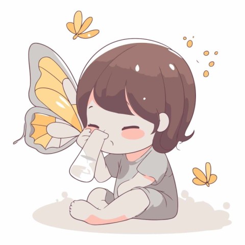 Illustration of a Cute Girl Sitting on the Floor with Butterfly