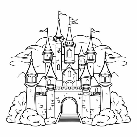 Fairy tale castle. Black and white vector illustration for color