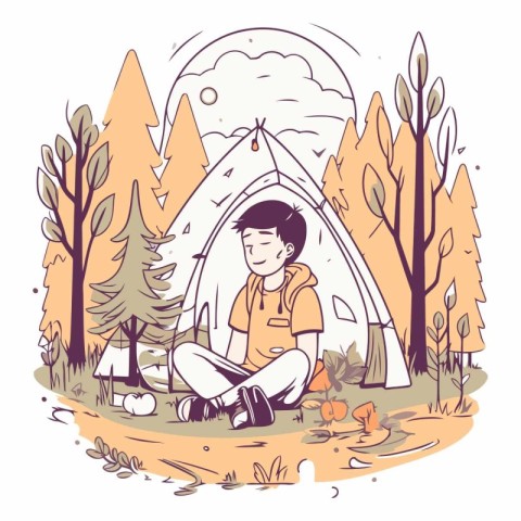 Young man sitting near a tent in the forest.