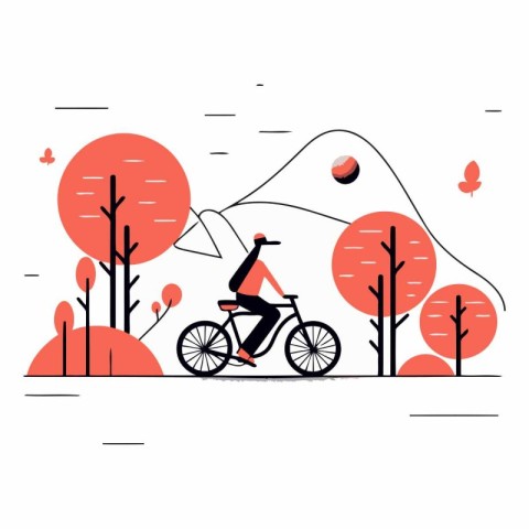 Cyclist in the autumn forest. Flat design vector illustration.