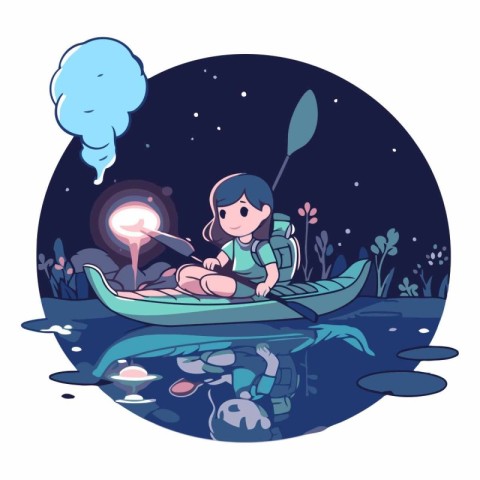 Illustration of a girl kayaking in the river at night.