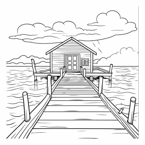 Wooden pier on the lake. Black and white vector illustration.