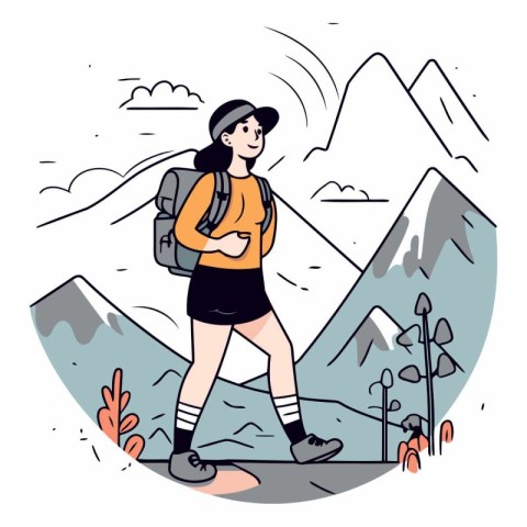 Vector illustration of a young woman hiking in the mountains wit