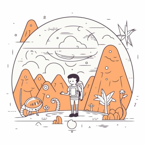 Astronaut exploring the planet in linear style.