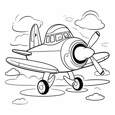 Airplane with propeller and propeller in the clouds. Coloring bo