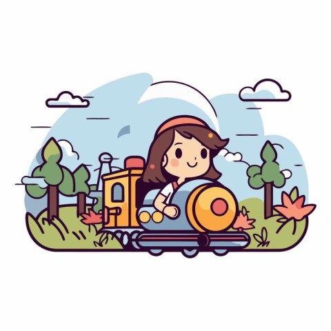 Vector illustration of a girl riding a train on a country road.