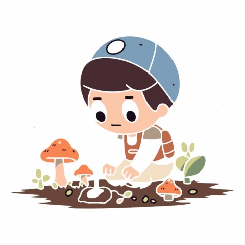 Little boy playing with mushrooms. Cute hand drawn vector illust