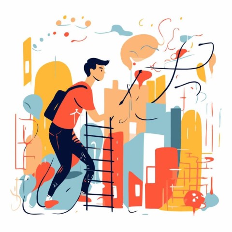 Vector illustration of a man climbing up the stairs to the city.