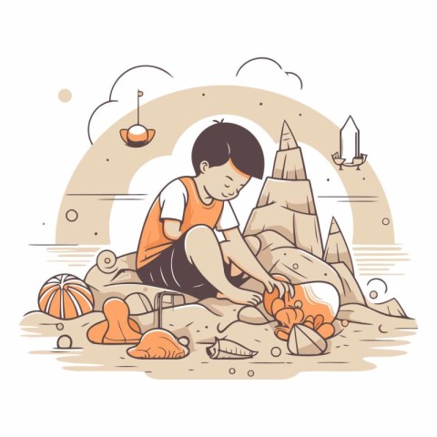 Vector illustration of a boy sitting on the beach and playing wi