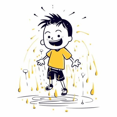 Happy boy playing with water in cartoon comic style.