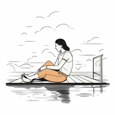 Young woman sitting on the pier in the lake.