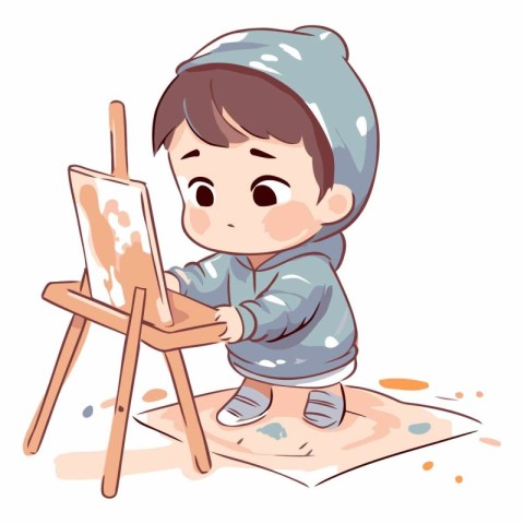 Illustration of a Cute Little Boy Painting on His Easel