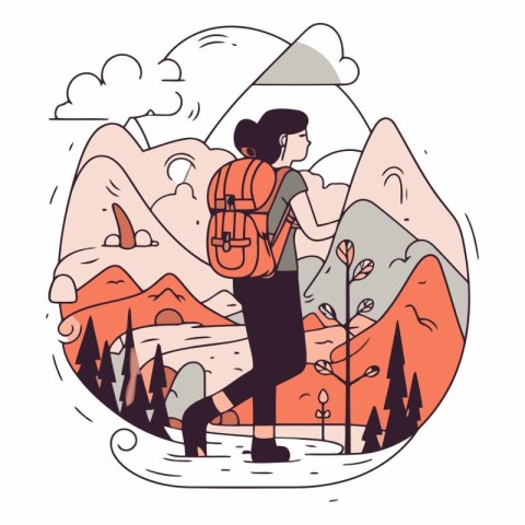 Vector illustration of a hiker with a backpack walking in the mo