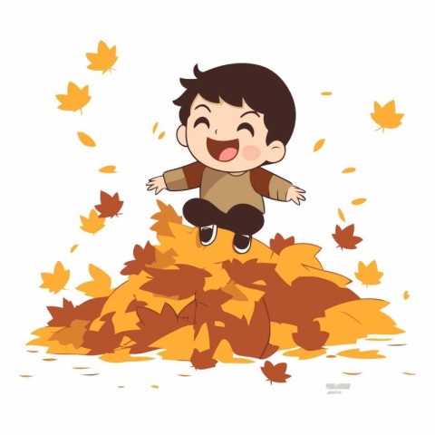 cute boy playing with autumn leaves on white background