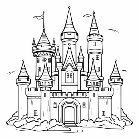 Fairytale castle. Black and white hand drawn vector illustration