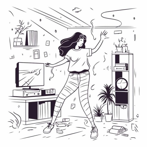 Vector illustration of a girl at home watching TV. Cartoon chara