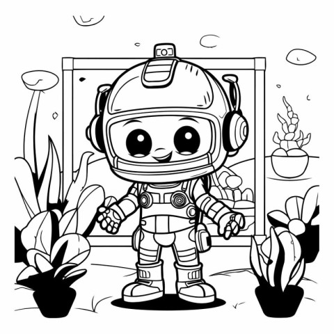 Cute astronaut with headphones and plants. Cartoon vector illust