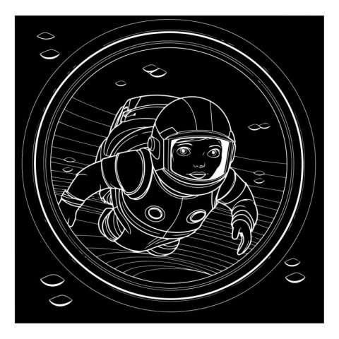 Spaceman in spacesuit and helmet. Black and white vector illustr