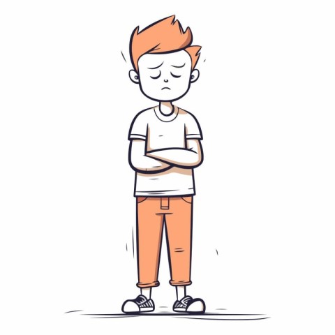 Sad young man with folded hands. Cartoon character.